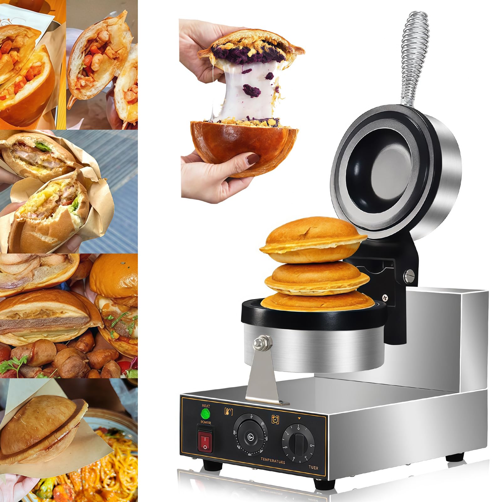 Electric Press Sealed Burger Machine, Commercial Hamburger Press, Ice Cream Waffle Maker, Non Coated Electric Burger Maker, Adjustable Temperature 50-300℃ Non-Stick Pan