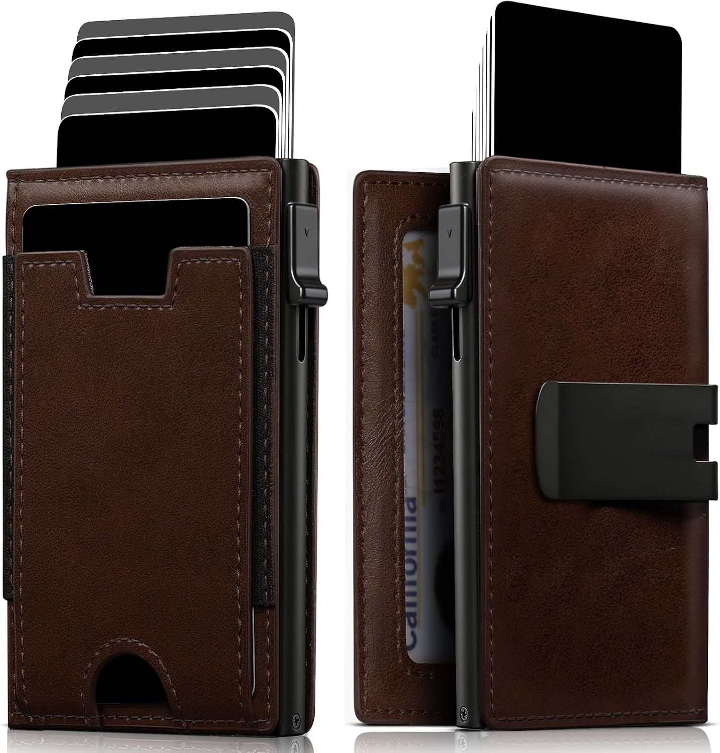 iwantit Slim Wallet for Men Card Holder: Minimalist RFID Blocking Wallet for 8-10 Cards - Smart Pop Up Card Case with Detachable Money Clip - Premium Leather Cardholder, Gift Boxed (Oil Wax Brown)