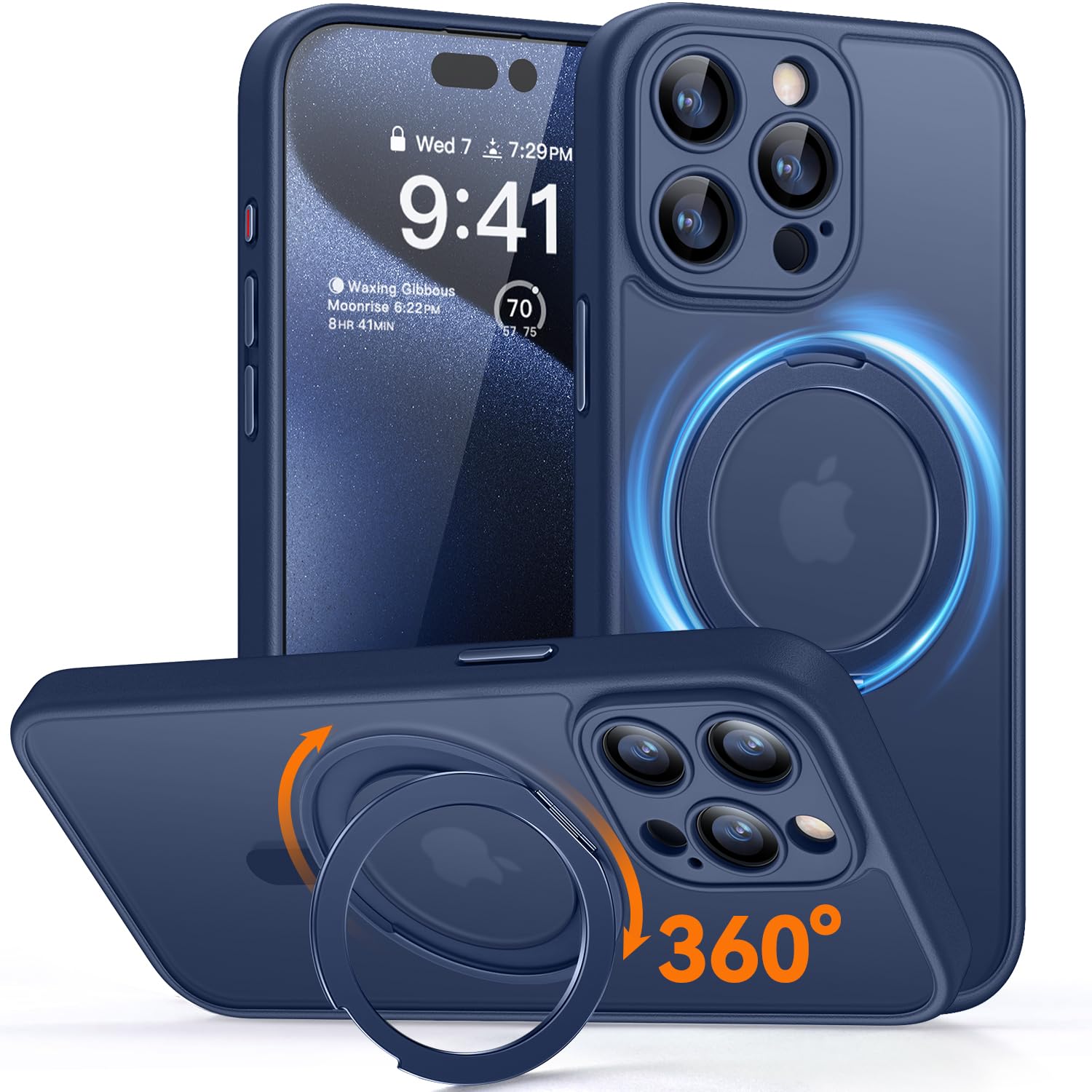 CANSHN 360° Spin Magnetic Stand for iPhone 15 Pro Max Case [Full Camera Protection] [Compatible with Magsafe] [Translucent Matte] Shockproof Protective Kickstand Phone Cover 6.7" - Deep Blue