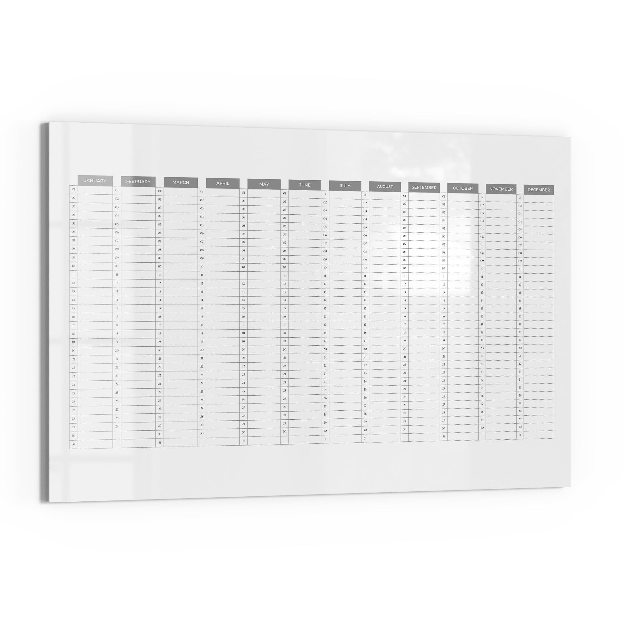 DEQORI Lavagna magnetica in vetro | 90 x 60 cm | motivo "Planner annuale bianco (EN)" | Lavagna magnetica con magneti, penna e panno per cucina e ufficio, lavagna magnetica e scrivibile