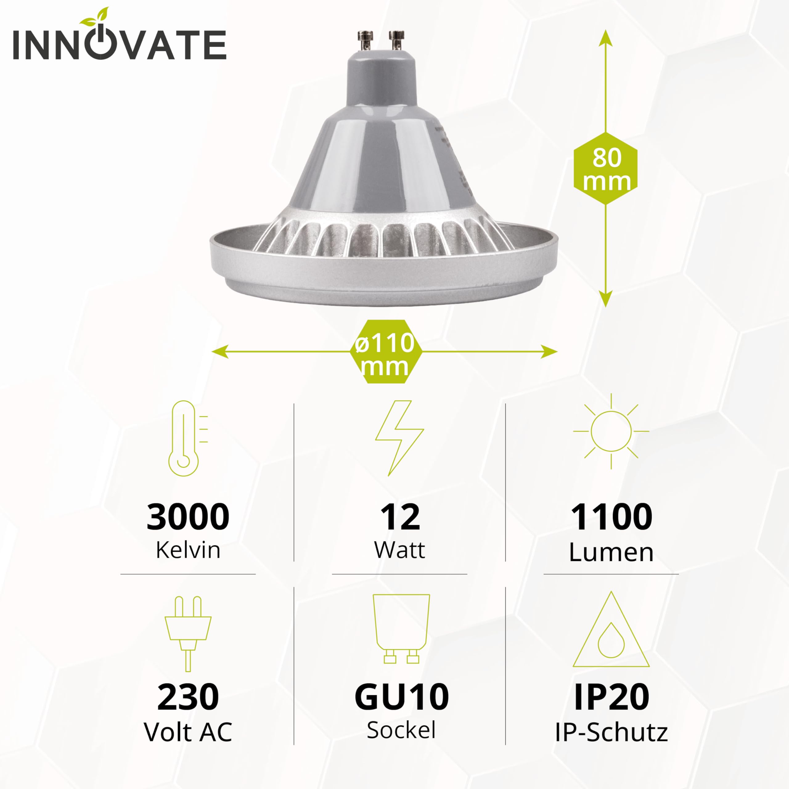 INNOVATE ES111 GU10 LED Leuchtmittel 8 Stk. [12W 3000K Warmweiß Dimmbar 60° Spot] QRB11 QRB111 LED Lampe Ersatz 100W Strahler Deckenlampe Innenbereich