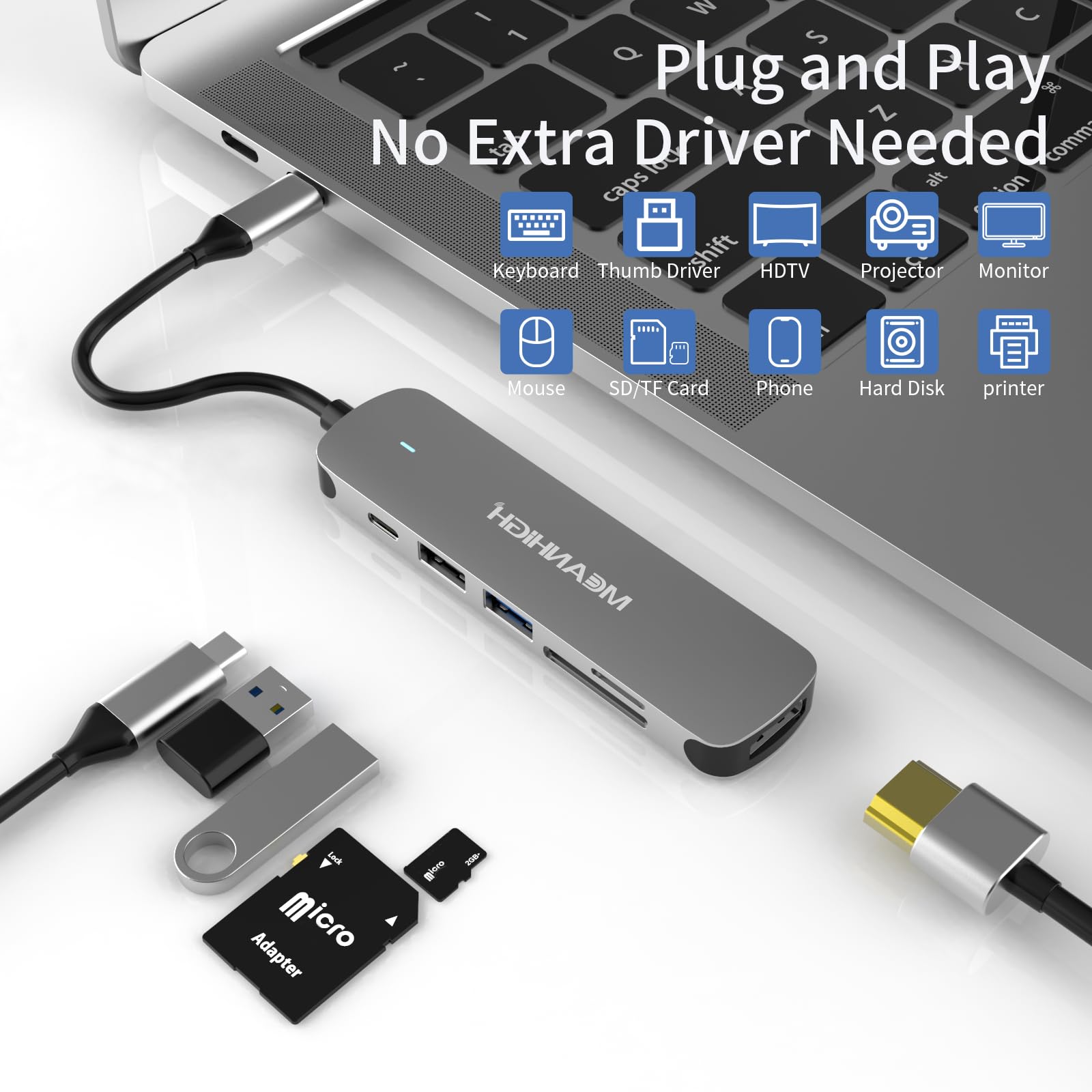 Hub USB C 3.0, adaptador de tipo C a USB 6 en 1, salida HDMI 4K, lector de tarjetas SD/TF, carga PD de 100 W, compatible con MacBook Pro Air, HP XPS y otros dispositivos tipo C
