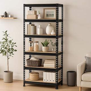 HAVEU 6-Shelf Adjustable Boltless Metal Shelving Unit/Heavy Duty Metal Storage Rack with Wooden Planks for Home/Garage/Office & Shop/Utility Display Rack (30 x 24 x 12 Inch, Black)