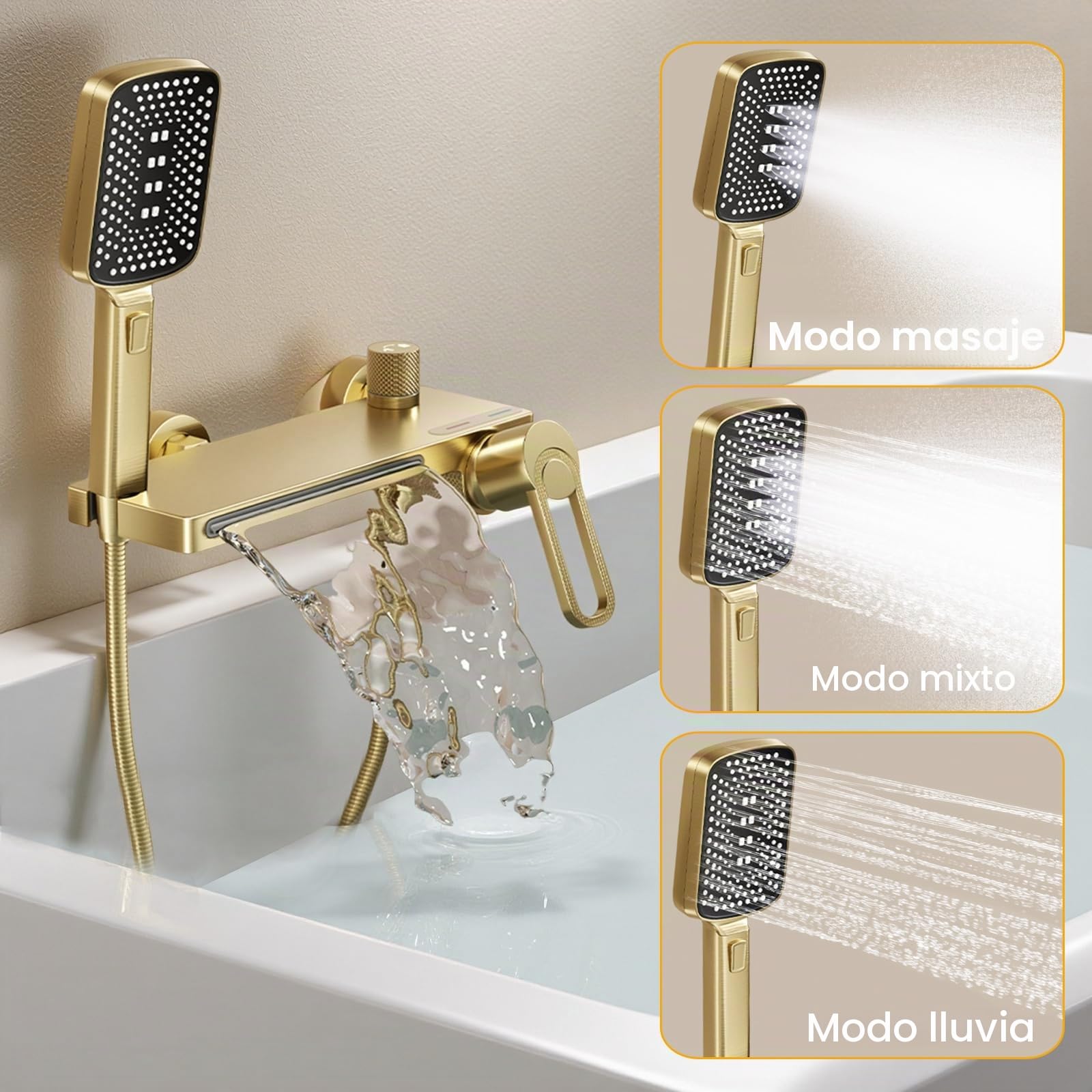 Grifo Bañera, Grifo Ducha Cascada Alto Flujo | Latón, Monomando Mezclador de Bañera, Agua Caliente y Fría Regulable, Incluir Alcachofa 3 Modos, Manguera de 150 cm