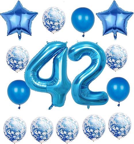 Decoraciones de cumpleaños número 42, suministros para fiestas, globos azules del número 42, globos gigantes de aluminio Mylar de 42 pulgadas para