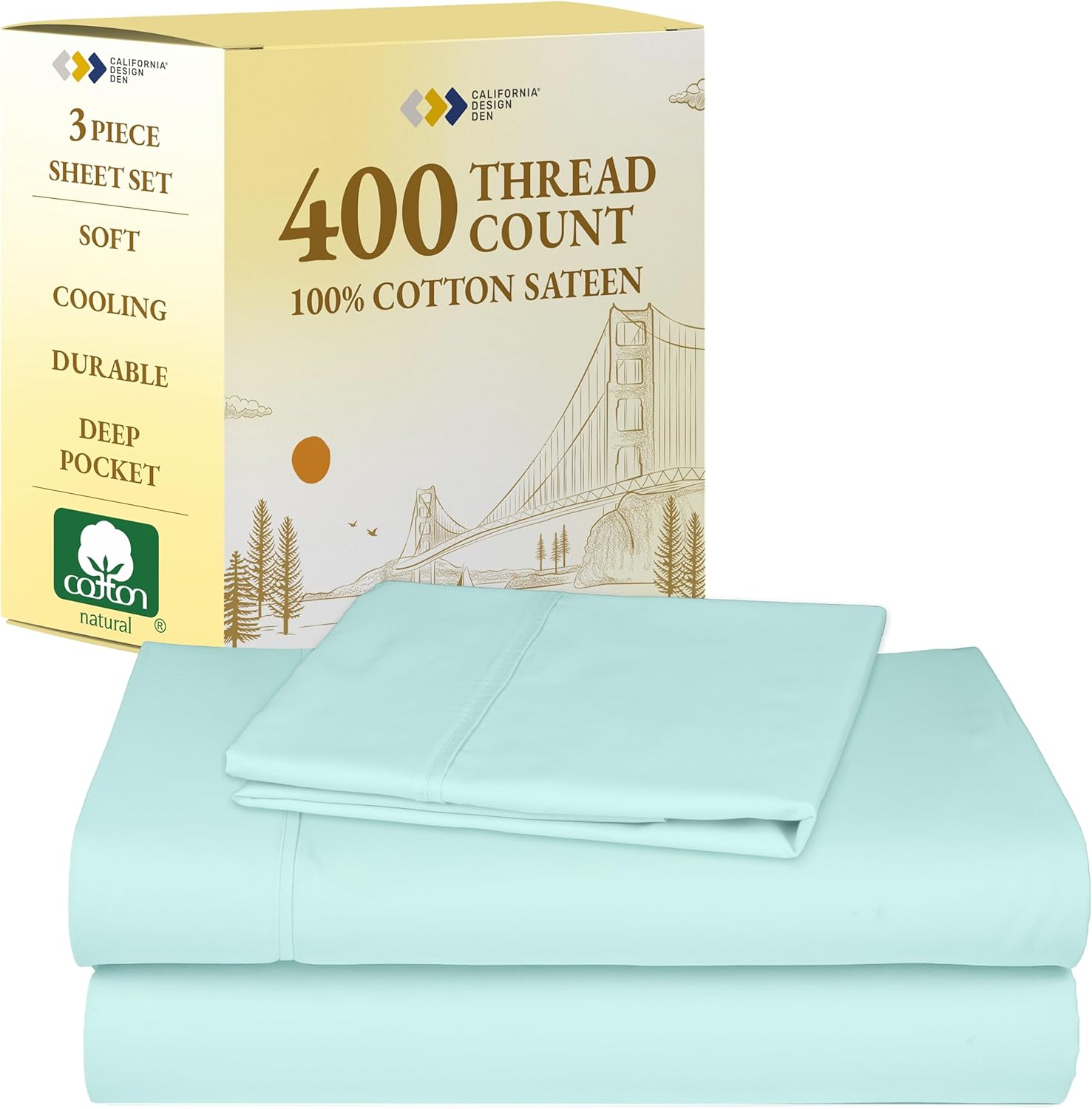 California Design Den Soft Twin Sheets Set - 400 Thread Count Sateen, 100% Cotton Sheets, Deep Pockets, Cooling and Durable Bedding Set for Dorm Rooms & Adults - Seafoam