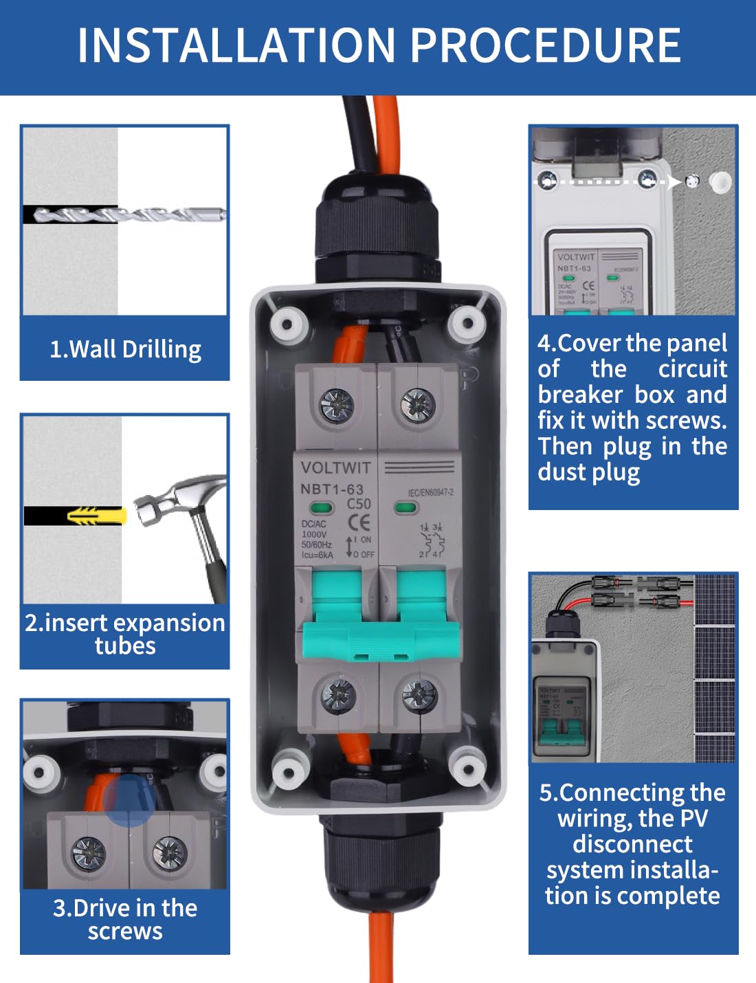 VOLTWIT Solar Disconnect Switch with Circuit Breaker，IP65 Outdoor,Overload Protection，for Solar Panel System, Battery, Inverter,1000V 50A