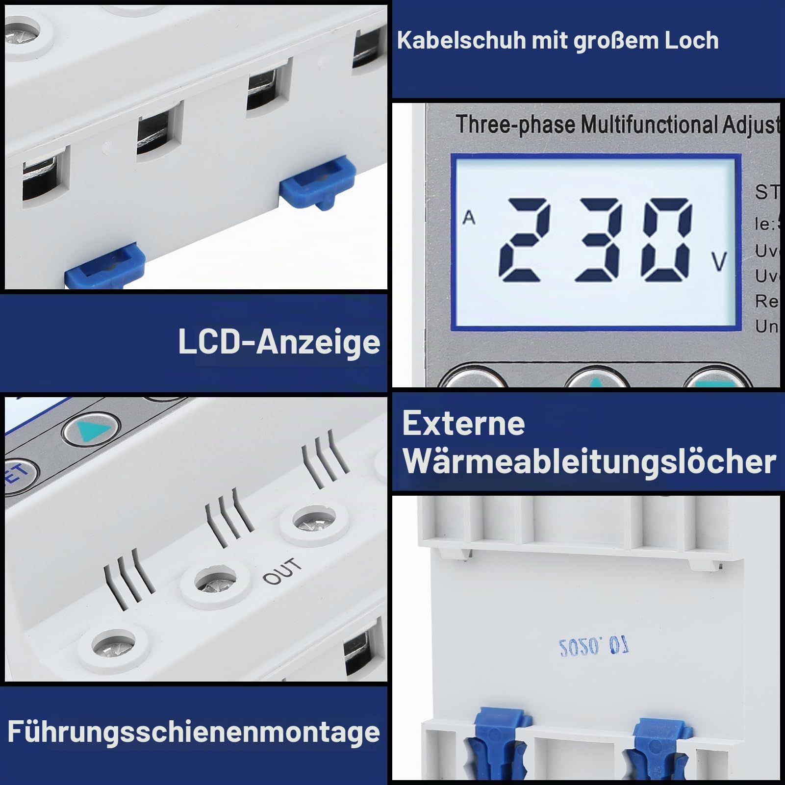 Überspannungsschutz 230V/400V AC Einstellbarer Spannungsschutz STVP-932 3-Phasen-LCD-Multifunktions Selbstrücksetz Spannungsschutz(63A)