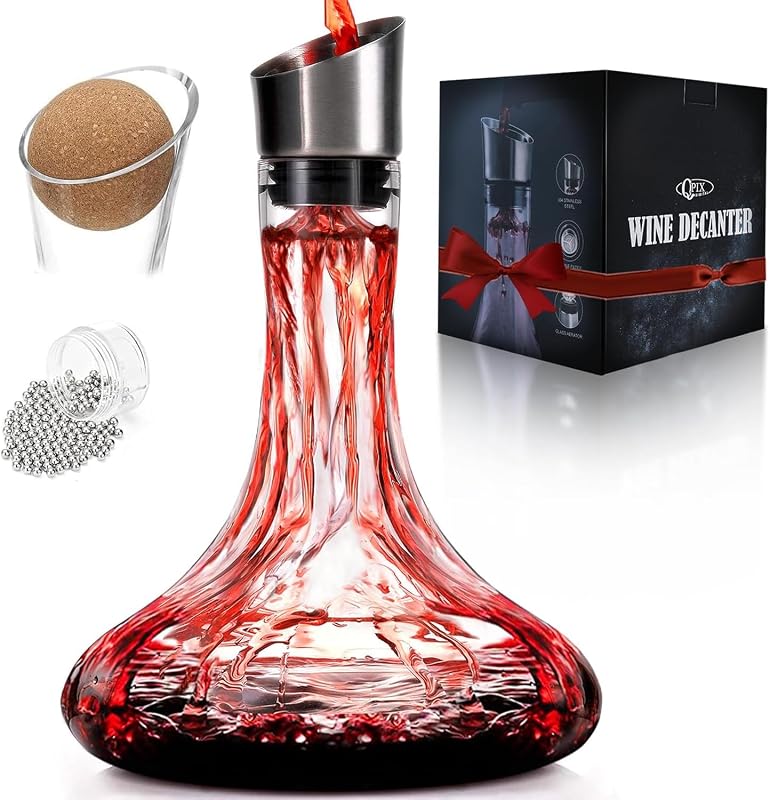 Decantador de vino con aireador incorporado, jarra de vino con aireador, cuentas de limpieza y bola de corcho, aireador de vino tinto de cristal 100% sin plomo, regalo de vino para hombres, accesorios de vino, 50 oz