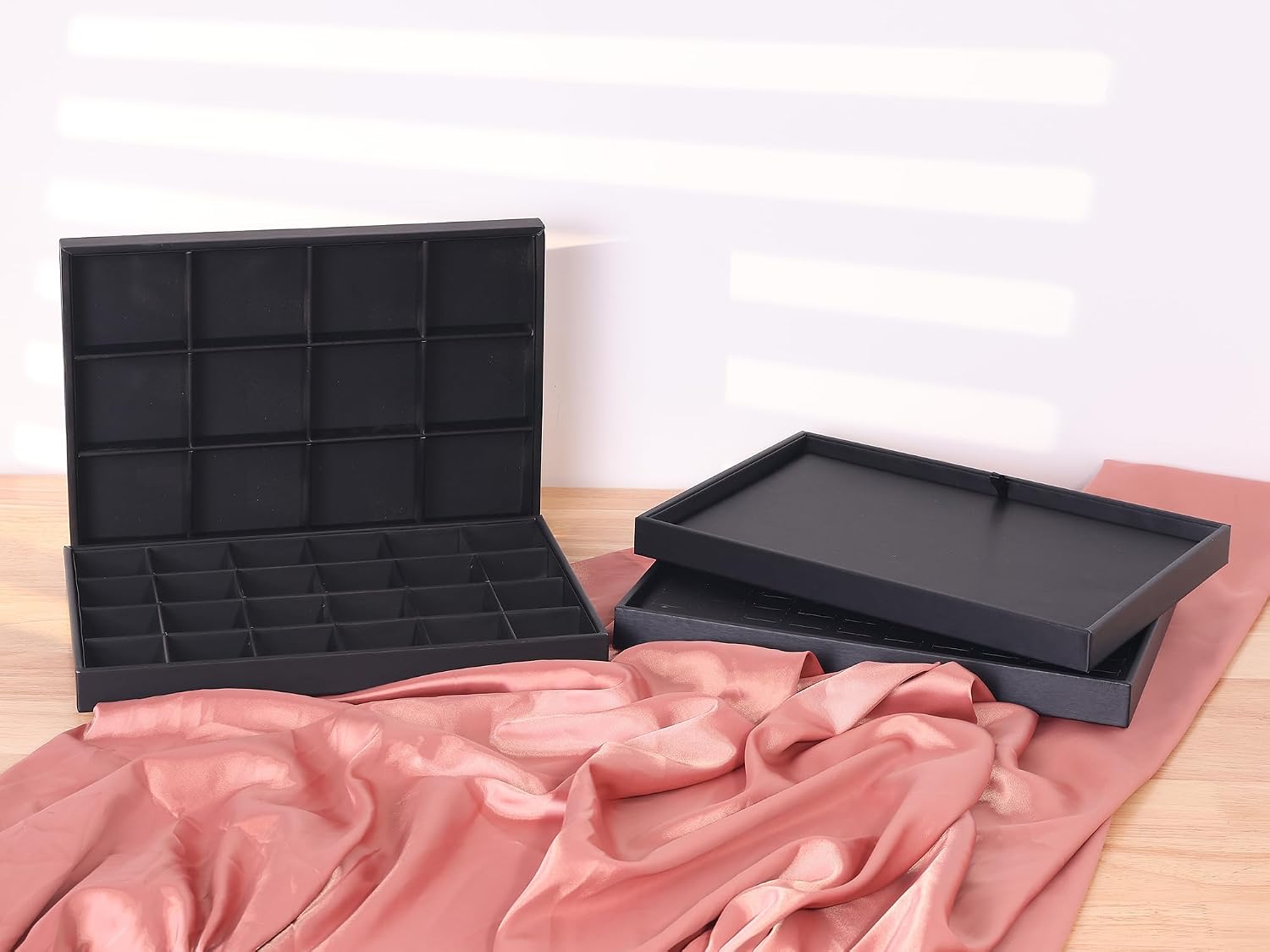 uxcell Set of 2 Stackable PU Leather Jewelry Organizer Trays with Removable Dividers for Drawers, Jewelry Organizer Drawer Inserts Storage Flat Tray Black