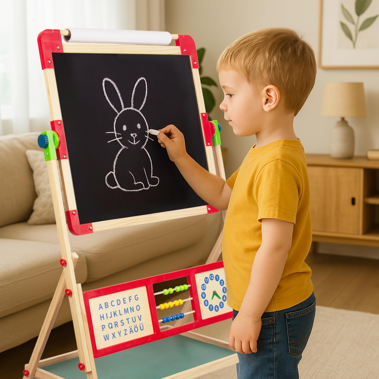 WoodenFun Kinder Kunst Staffelei Verstellbar mit Magnet, Doppelseitige Tafel mit löschbarer Magnettafel Hölzerne Tafel Holz für Kinder Standtafel 10-teiliges Set (Rot)