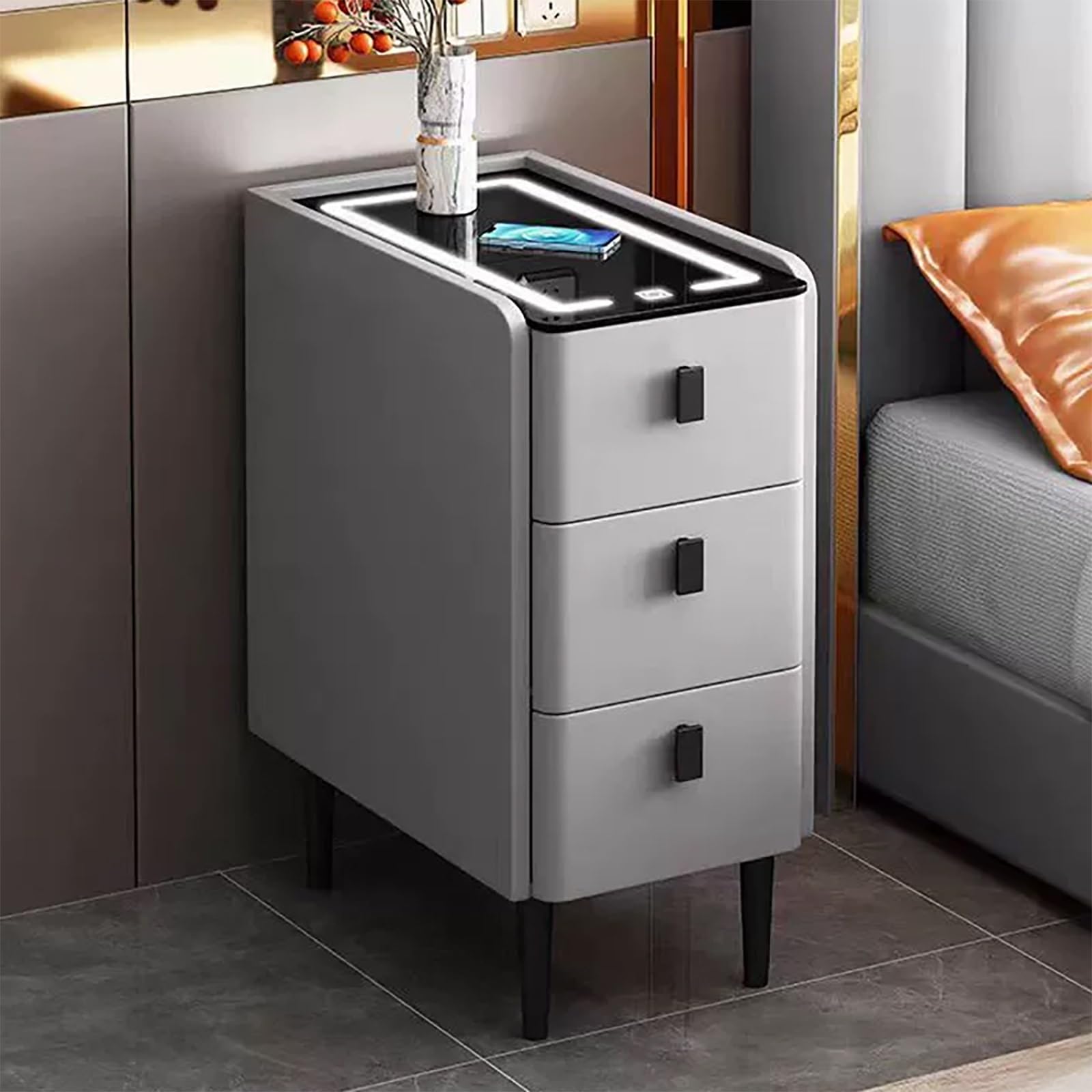 FYIYIEW bedside table, With 3-color LED Wireless Charging Station Leather Nightstand With 3 Large Capacity Drawers(Grey,30cm/11.8in)
