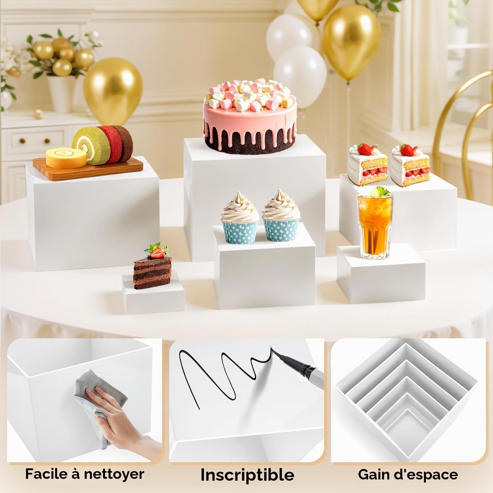 Lot de 6 présentoirs de buffet en acrylique blanc de 7,5 à 20 cm de hauteur - Présentoir à dessert pour restauration