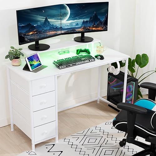 Miniatura 7 de HGD14WT - Escritorio blanco para computadora con luz LED y tomas de corriente, escritorio de juegos de 55 pulgadas con 4 cajones de tela, escritorio