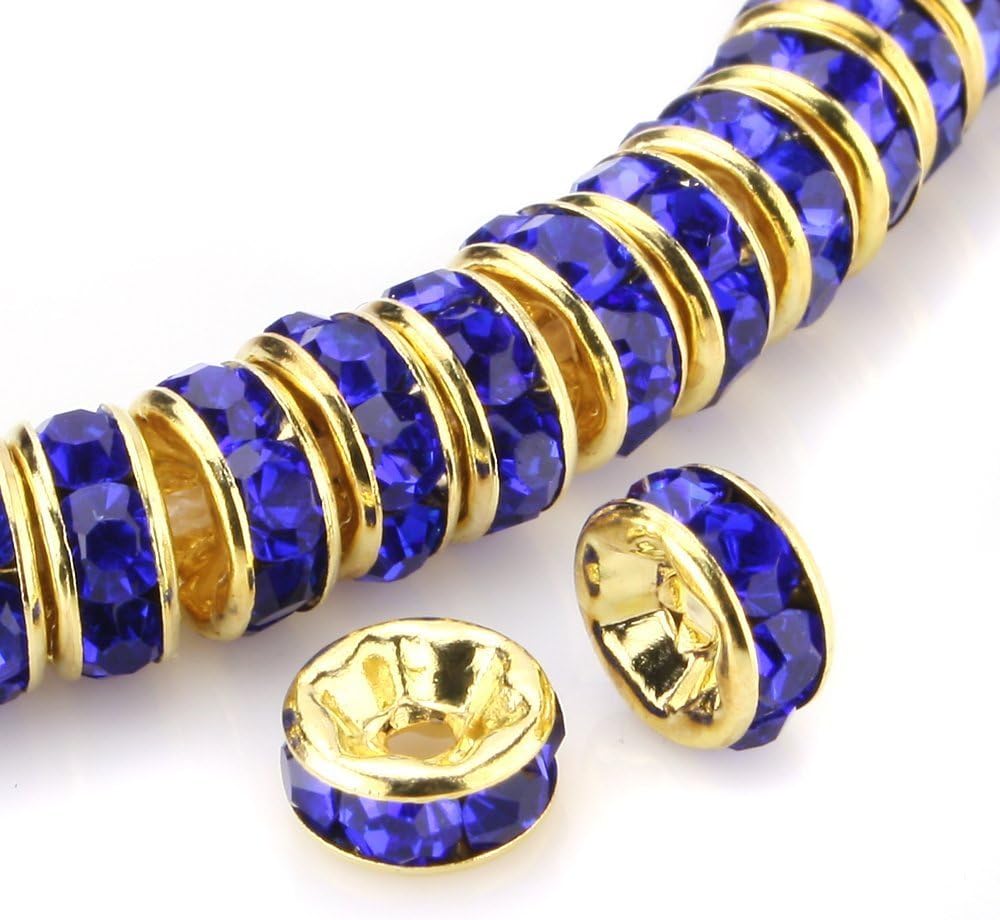 RUBYCA 100pcs Round Rondelle Spacer Bead Gold Tone 8mm Royal Blue Czech Crystal