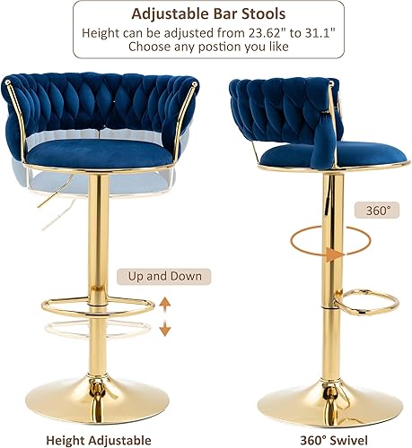 Miniatura 6 de Tmsan Juego de 2 taburetes de bar giratorios de terciopelo, taburetes de bar ajustables con altura de mostrador, sillas de bar tejidas modernas para