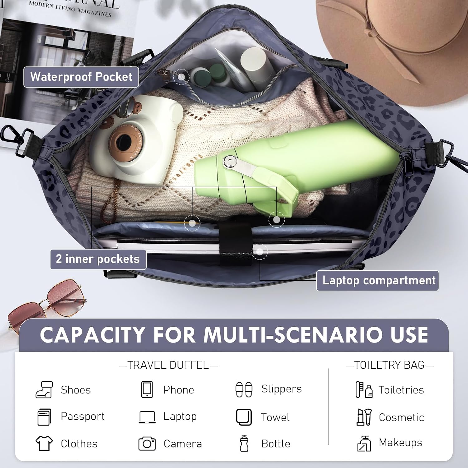 WOOMADA Weekender Overnight Bag for Women, Shoulder Travel Duffel with Shoes Compartment,Gym Bag with Toiletry Bag