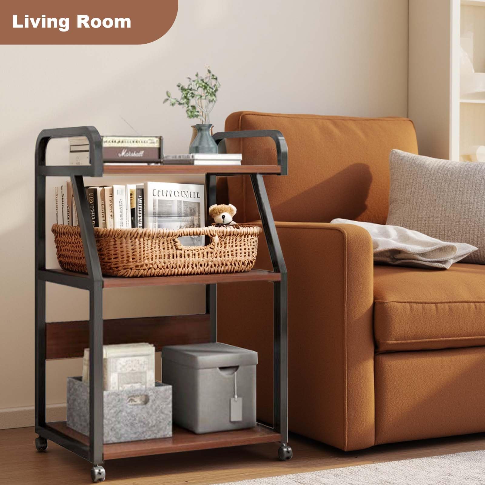 Carrito Multifuncional para Oficina con 3 Niveles - Estantes espaciosos y Ruedas bloqueables - Ideal para Impresora y Almacenamiento en casa, Escuela o clínica - Color Nogal Oscuro