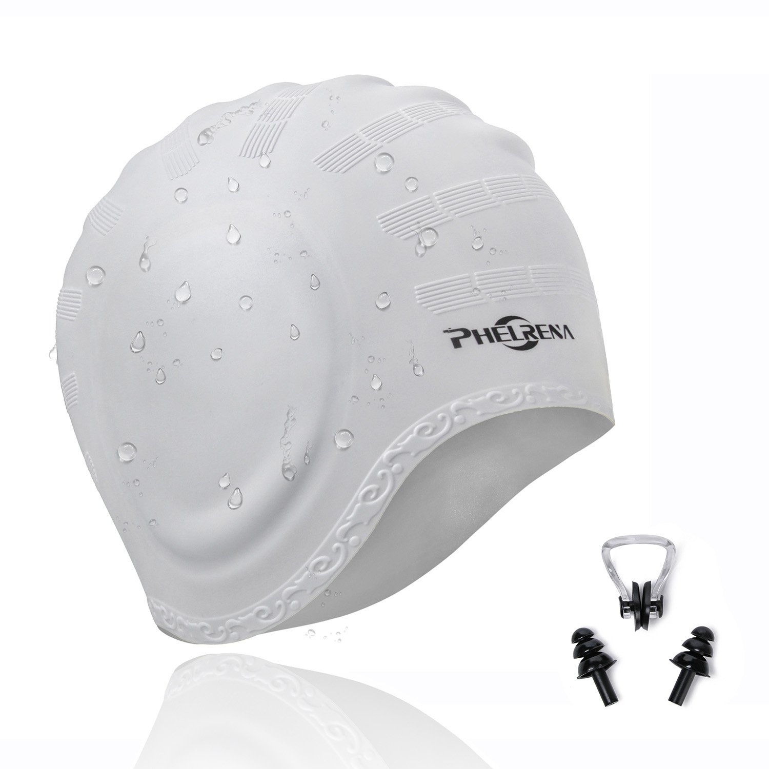 PHELRENA Swimming Cap Waterproof Silicone Solid Long Hair Earmuffs Swim Cap Flexible Reversible for Adults Kids Women Men, Keeps Hair Clean Ear Dry, Free with Nose Clip and Ear Plugs