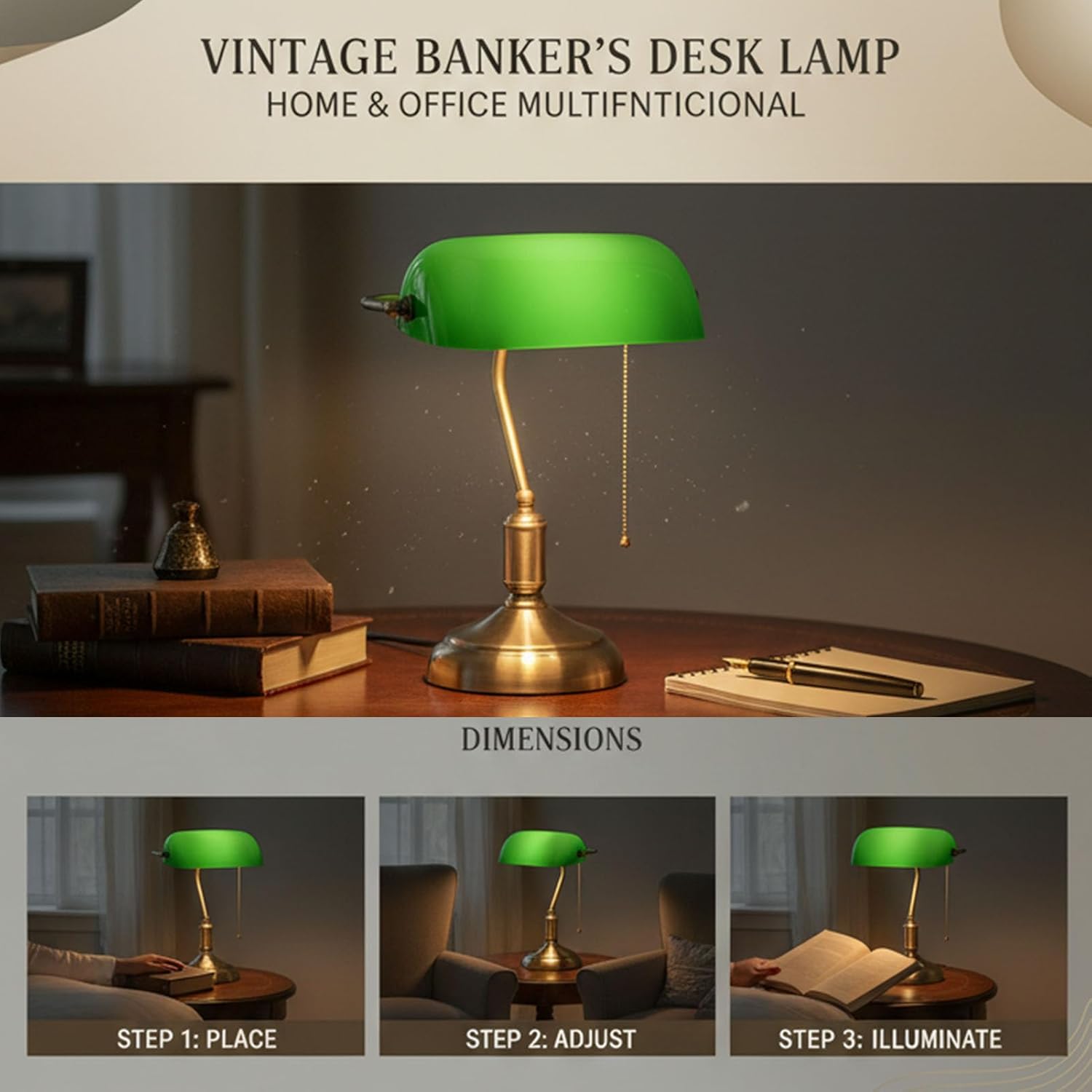 Diydeg Bankers Lamp, Green Glass Vintage Desk Lamp Metal Base Table with Pull Chain Switch Green Glass Shade for Bedside Home Office Library Study