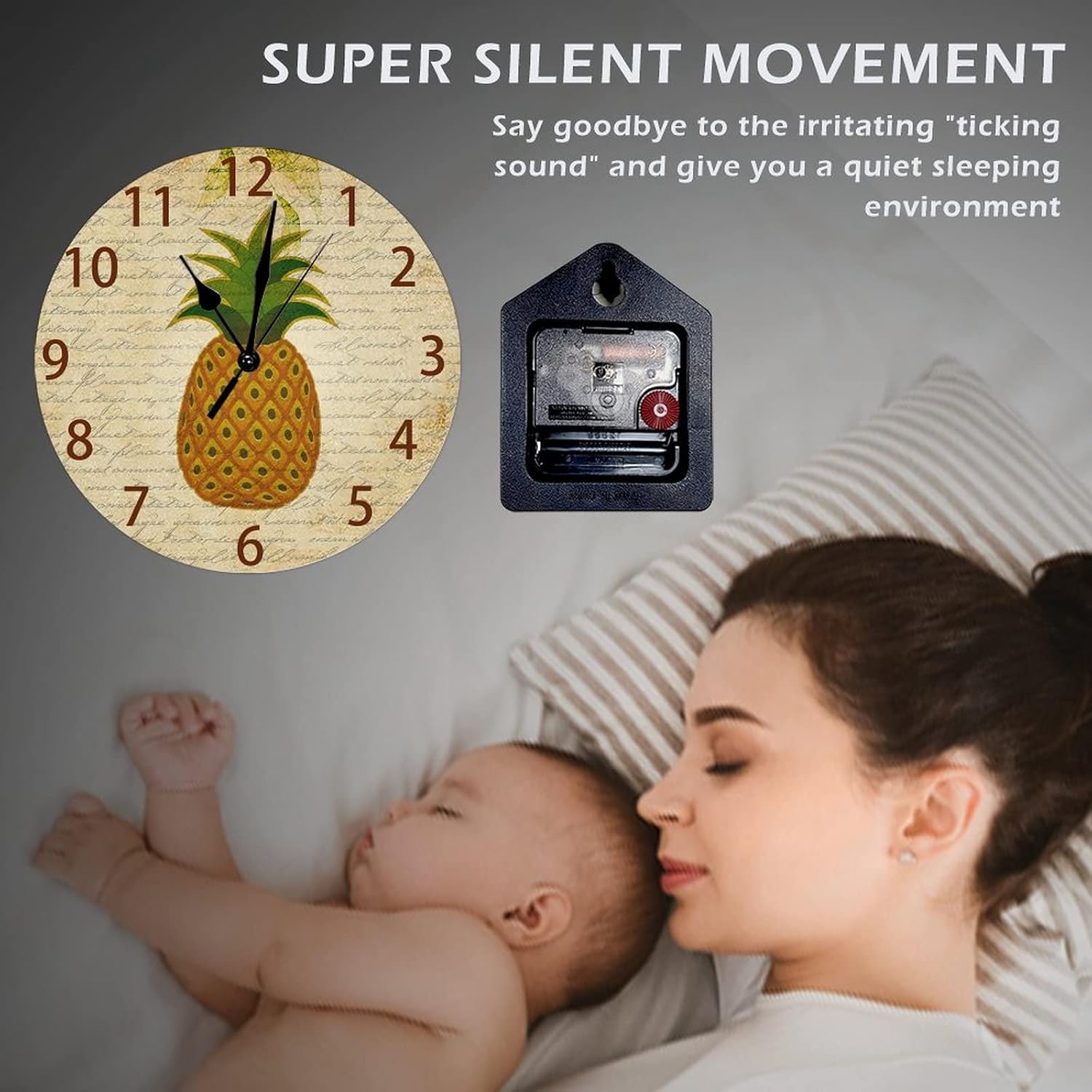 Rustic Pineapple Clock Non Ticking Operated Round Easy to Read Home Office School Silent Clock Round Wooden Fruit Wall Clock for Bathroom Kitchen Bedroom Living Room Patio 15 Inch