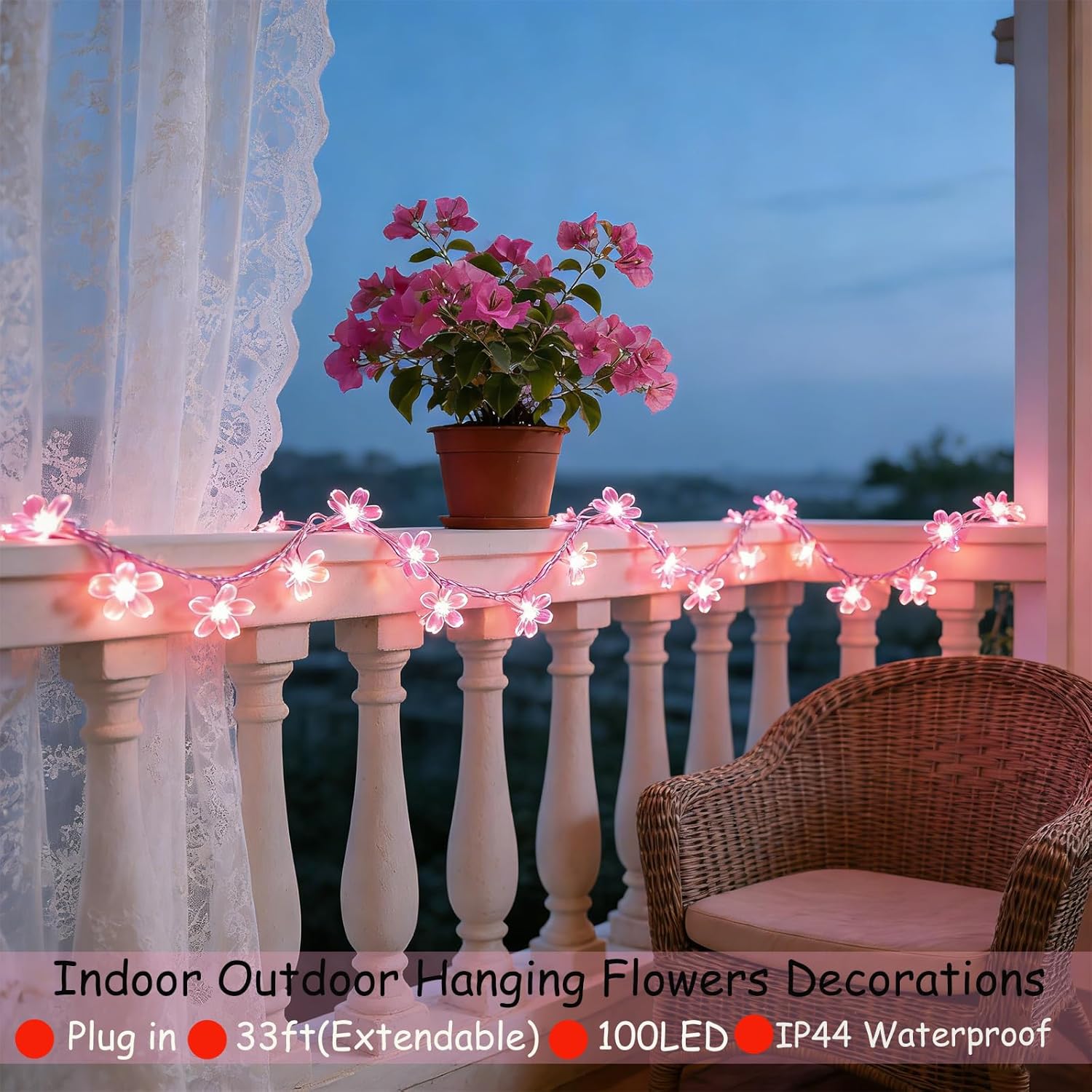 33ft 100 LED Connectable Fairy Pink Flower String Lights 8 Modes for Valentine's Day Wedding Party Christms Decor, Light Up Romantic Bedroom Window Tree Home Indoor Outdoor Hanging Decorations