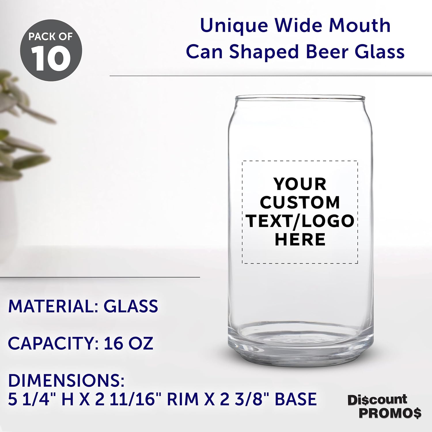 Custom Beer Can Glasses Set of 10, 16 oz. Pint Sized, Promotional Text, Logo, Soda Can Shape, Glassware, Clear