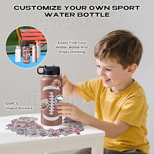 Miniatura 5 de Botella de agua de fútbol de 32 onzas y 100 calcomanías de fútbol de acero inoxidable aisladas, botella de agua deportiva, accesorios de fútbol,