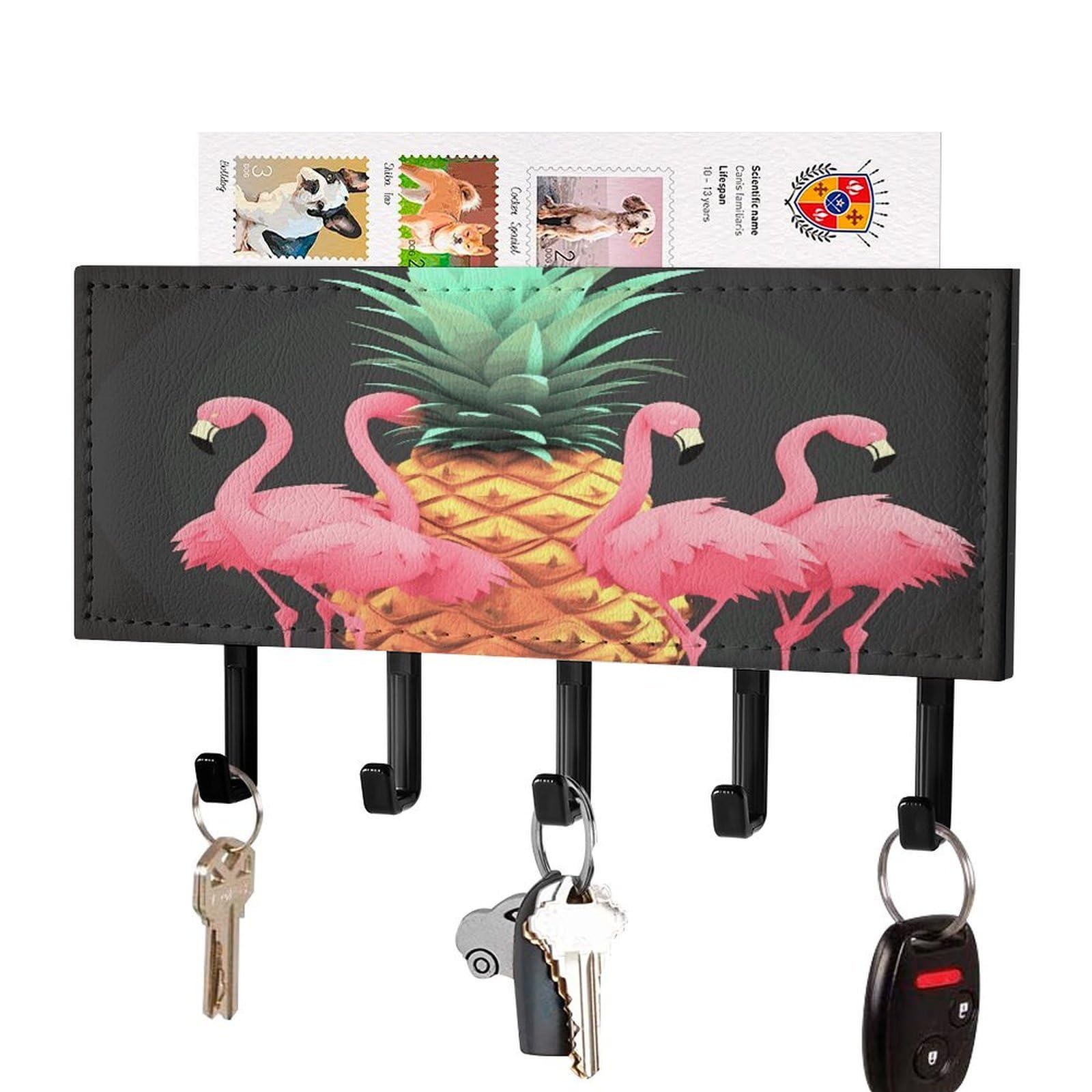 FekiLoot Pineapple Flamingos Key Holder for Wall Decorative Mail Organizer with 5 Key Hook Self Adhesive Key Rack with Tray Coat Rack Wall Mount Key Hanger Decor for Entryway Door