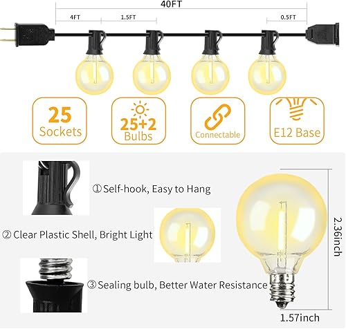 Miniatura 5 de Guirnalda de luces LED para exteriores de 30 pies, impermeable, 2200 K ST38, luces LED para exteriores para patio con 16 bombillas Edison vintage