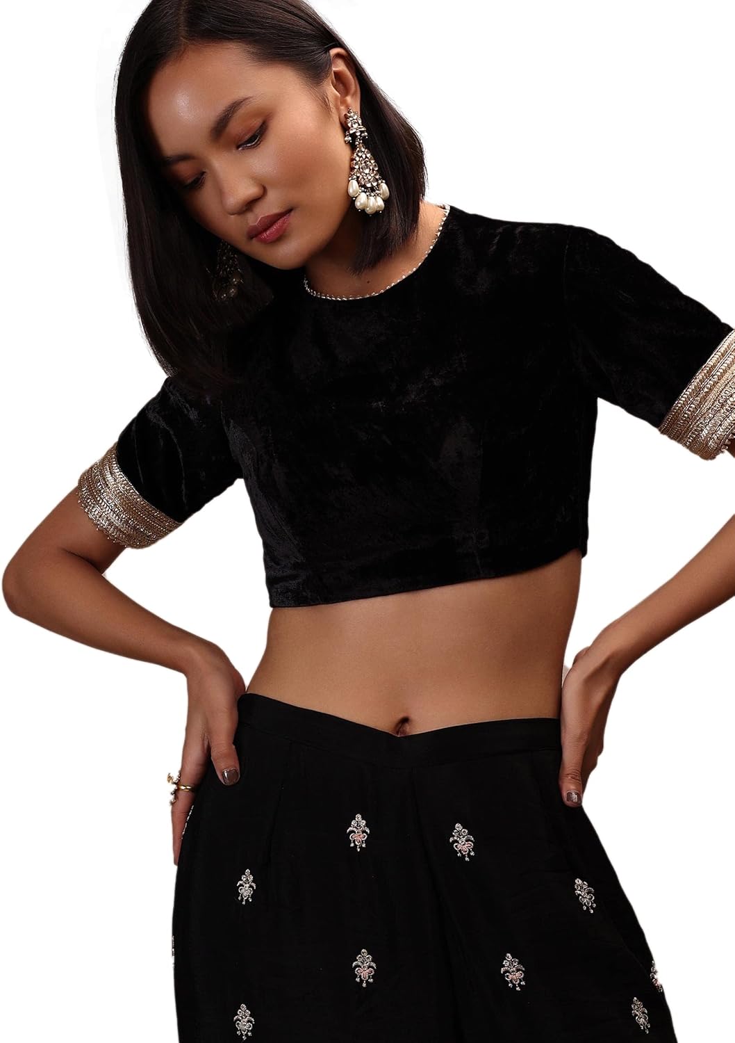 Women's Stitched Velvet Blouse For Sarees || Indian Bollywood Padded Readymade Choli Crop Top Black (M-38)