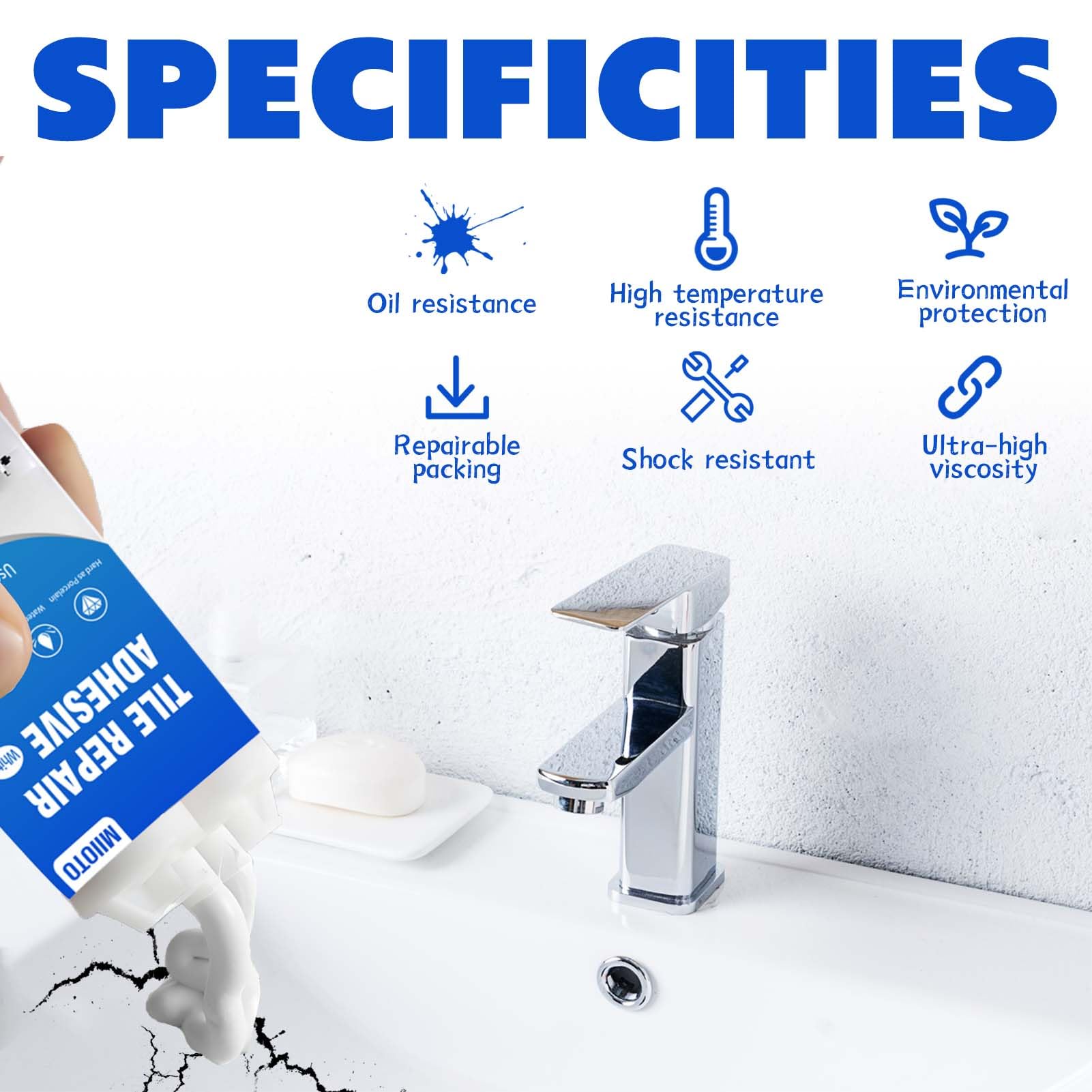 Miioto kit Riparazione Piastrelle Bianco, Ripara Ceramica Lavandino, Stucco per Ceramica, Stucco per Sanitari, Ripara Piastrelle Scheggiate da Bagno per Graffi, Crepe, 100g