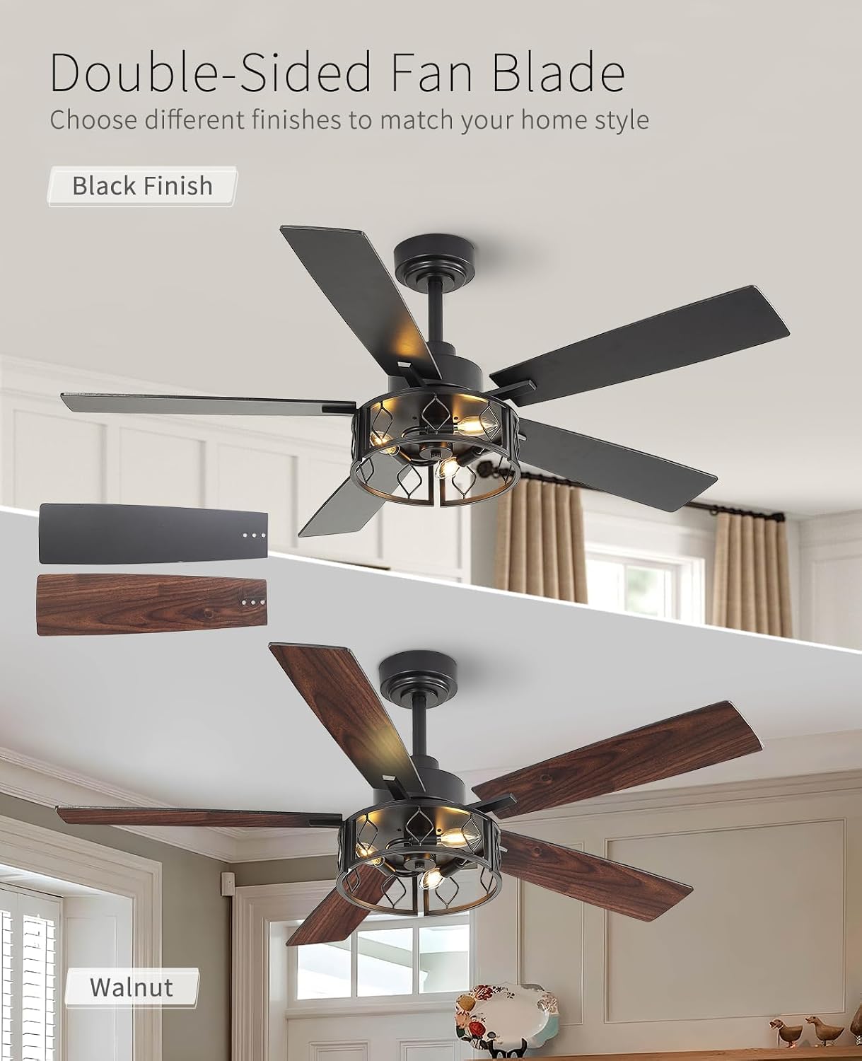 FELCO 52" Ceiling Fan with Lights and Remote, Modern Farmhouse Fan with Black/Walnut Blades,Reversible Quiet DC Motor, 6-Speed Airflow, E12 Base, Downrod Mount for Living Room Bedroom Covered Outdoor