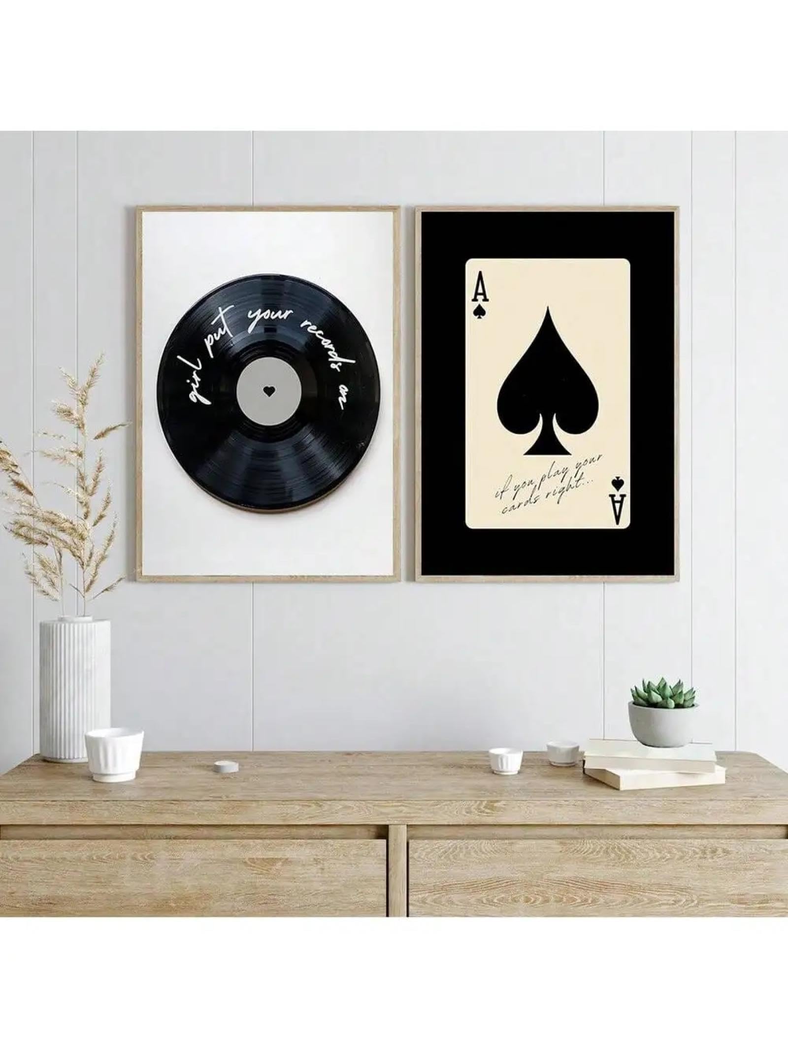 CHAOJIART Płyta winylowa pik grająca w czarne karty plakat retro moda dziewczęca obraz na płótnie druk nowoczesny vintage dekoracja domu zdjęcie 60x90cmx2 bez ramki