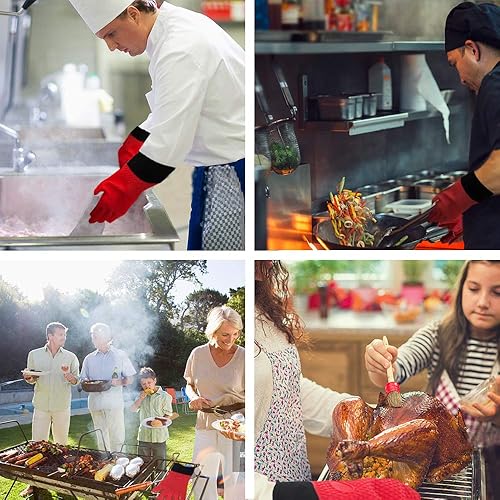 Vista 5 de Guantes de barbacoa, guantes de silicona resistentes al calor, guantes largos impermeables para horno de cocina con capa interior de algodón
