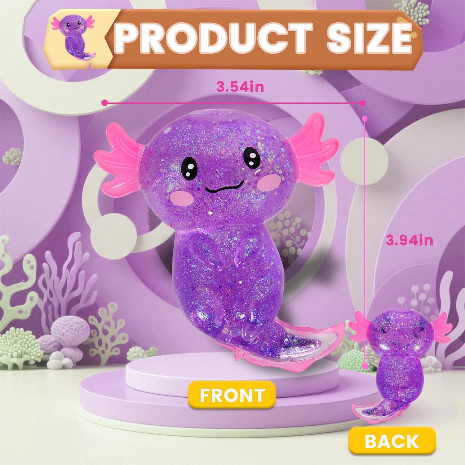 Axolotl Squishy Stress Relief Toy Glitter Fidget Toys Cute Malt Sugar Axolotl Toy Fidget Toys Adults Fidget Toy for Kids Youth Adult, Party Favors Anxiety Relief Squishy Toys(Purple)