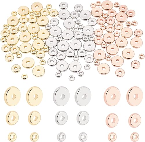 BENECREAT 108 cuentas espaciadoras de disco de latón de 9 estilos, 4/6/0.315 in, oro, plata, oro rosa, espaciadores de metal planos para pulseras,