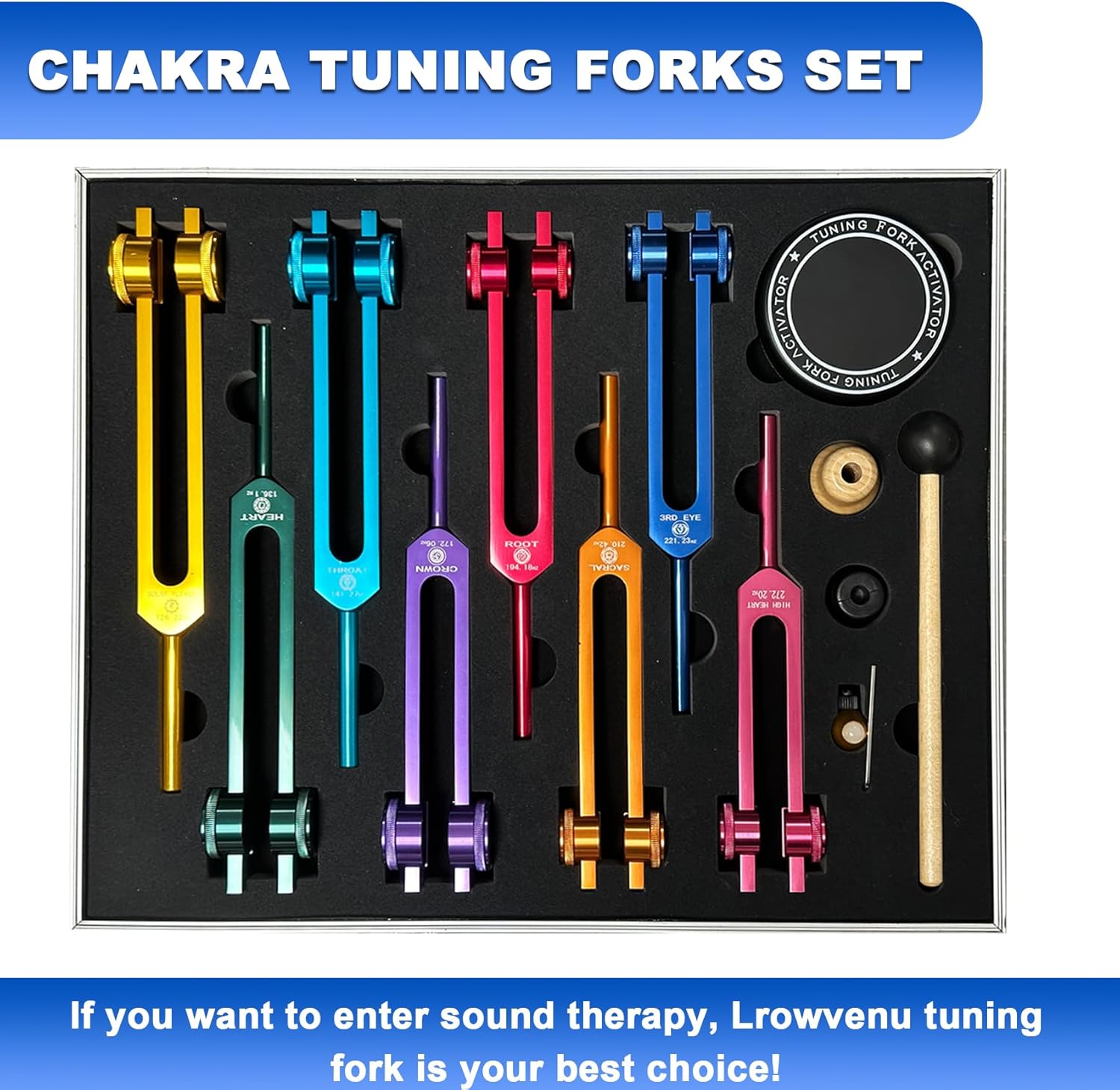 Chakra Tuning Fork Set for Healing, 7 Chakra and 1 Soul Purpose Weighted Colorful Solfeggio Tuning Forks, with Tuning Fork Activator, Rubber Mallet, Base, and Exquisite Aluminum Box