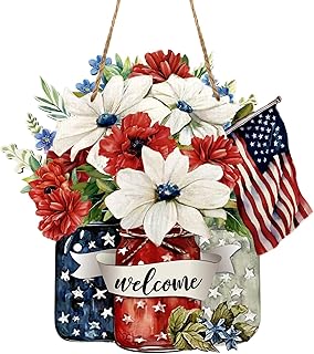 H&W Independence Day Flower & Flag Welcome Front Door Sign for 4th of July Patriotic Decor, Memorial Day Wooden Welcome Decorative Sign Hanging, Porch Home Wall Outside Decor(12inch)
