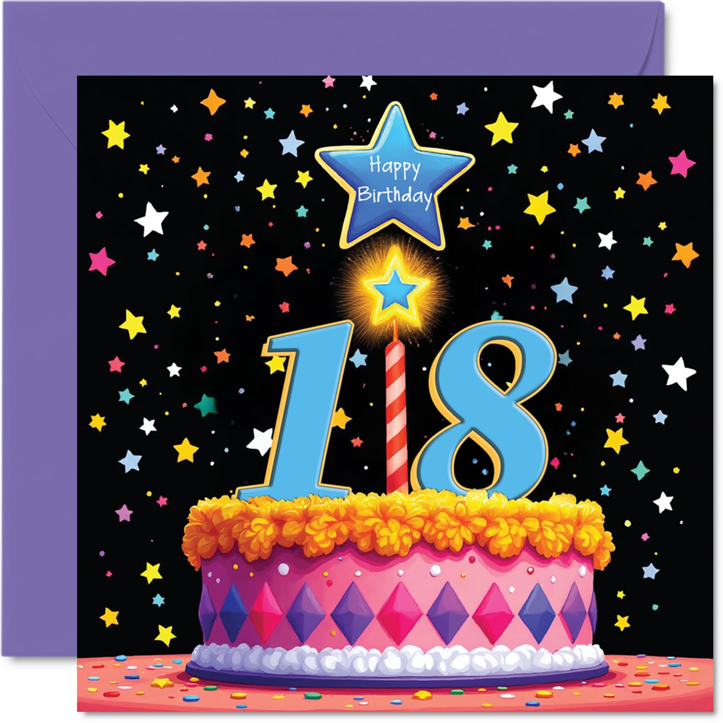 18th Birthday Cards for Women and Men, Pink Cake & Stars