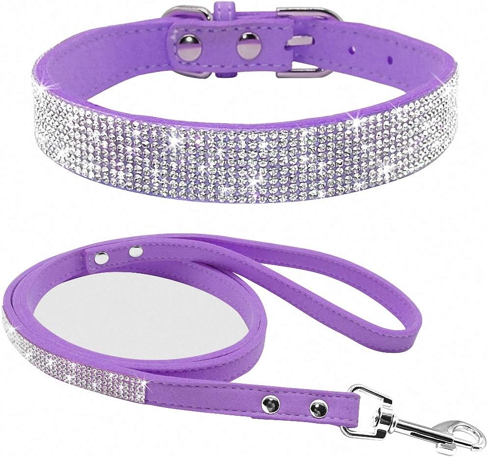 Adjustable Suede Leather Puppy Dog Collar Leash Set Soft Rhinestone Small Medium Dogs Cats Collars Walking Leashes Pink XS S M Blue S