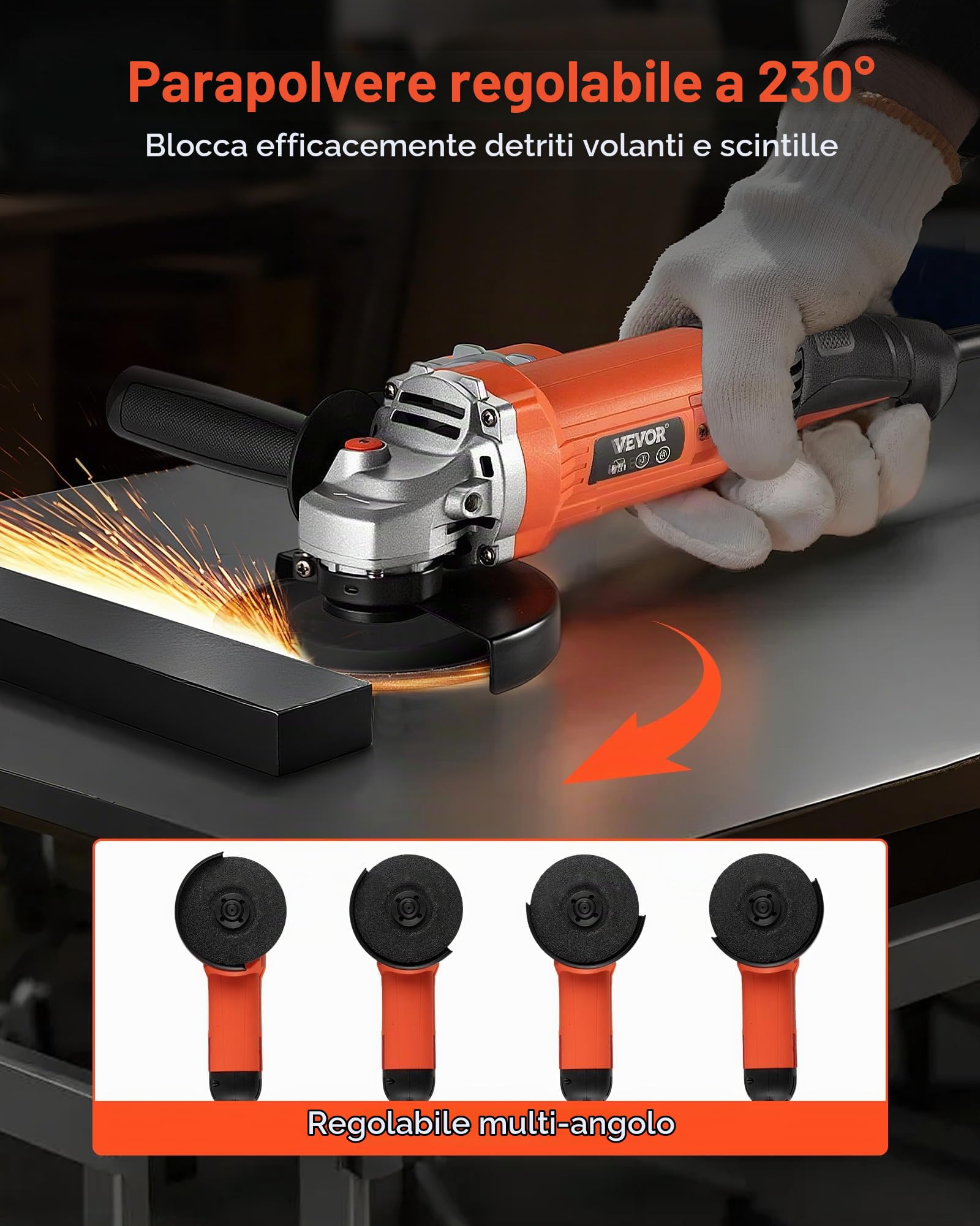 VEVOR Smerigliatrice Angolare, da 127 mm, con Cavo ad Alta Velocità 10,000 giri/min con Protezione Antipolvere Regolabile, Smerigliatrice Angolare per Levigatura di Metalli, Disco non Incluso