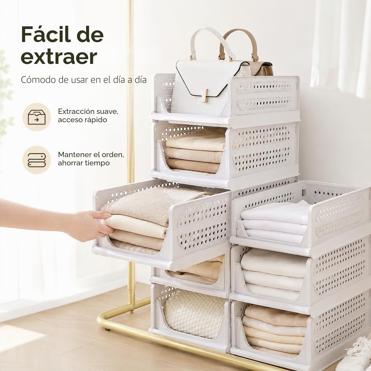 RMAN 3 pcs Cajas Almacenaje Cajones Extraíbles Plástico Blanco | Apilable, Plegable, Para Ropa Cocina Dormitorio Baño, Organizador Armario