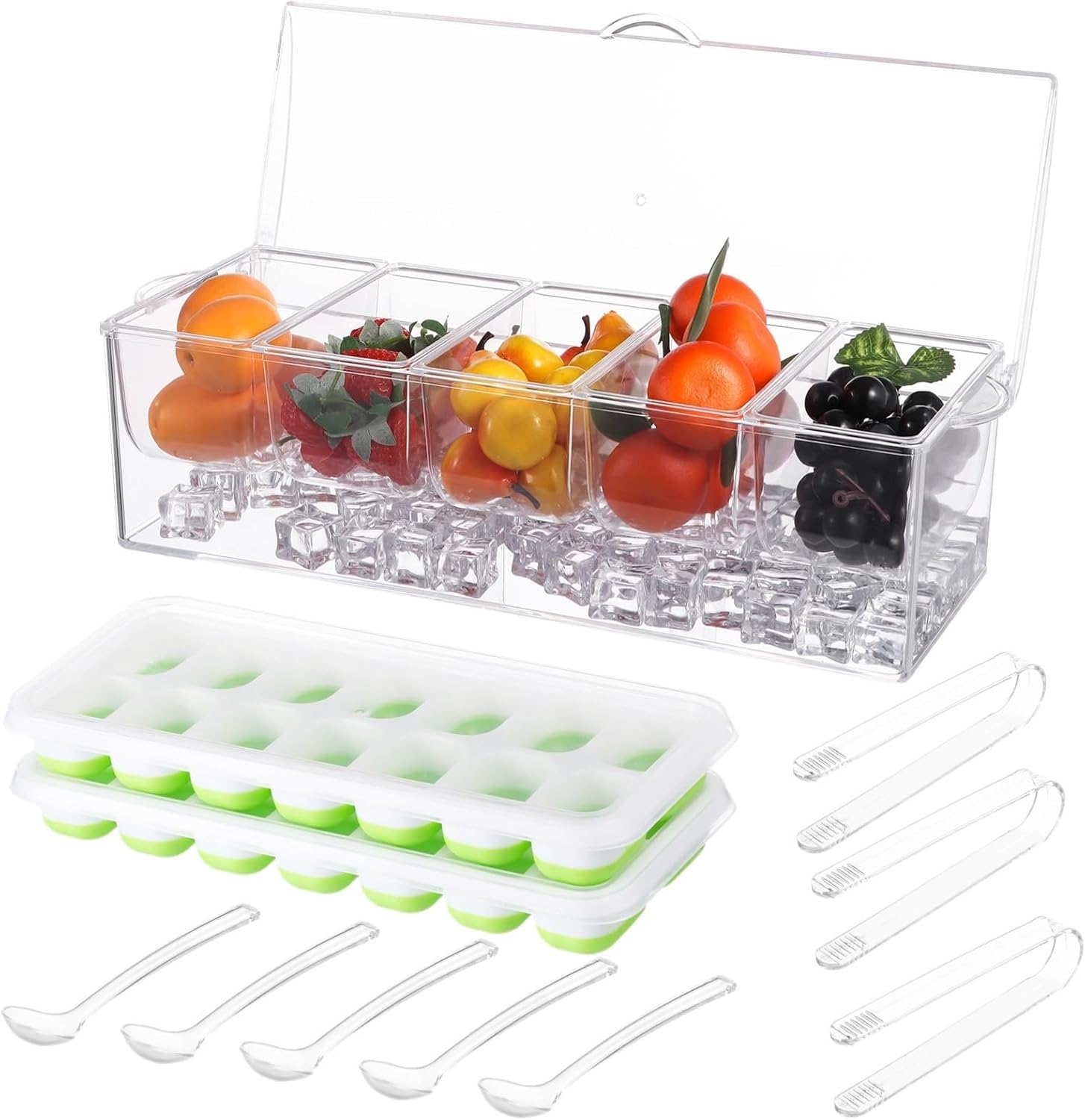 with 5 Spoons 3 Ice Tongs, 11 Pieces Chilled Condiment Server Set, 2 Ice Cube Silicone Trays, Condiment Fruit Tray Case, Lid Organizer