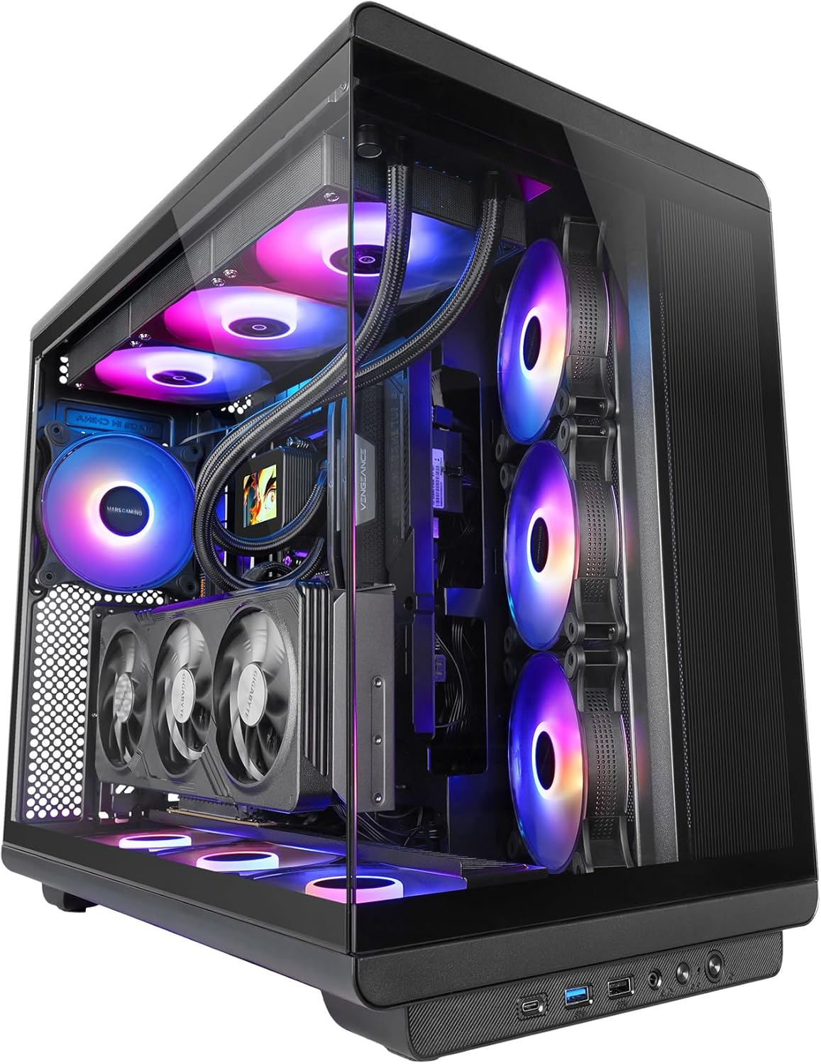 Mars Gaming MC-Rev, ATX Gaming Case, Double Tempered Glass, 3X Inverted ARGB Fans 12 cm, Vertical Graphics Card Mount, PC Tower with Support Liquid Cooling up to 360 mm, Black