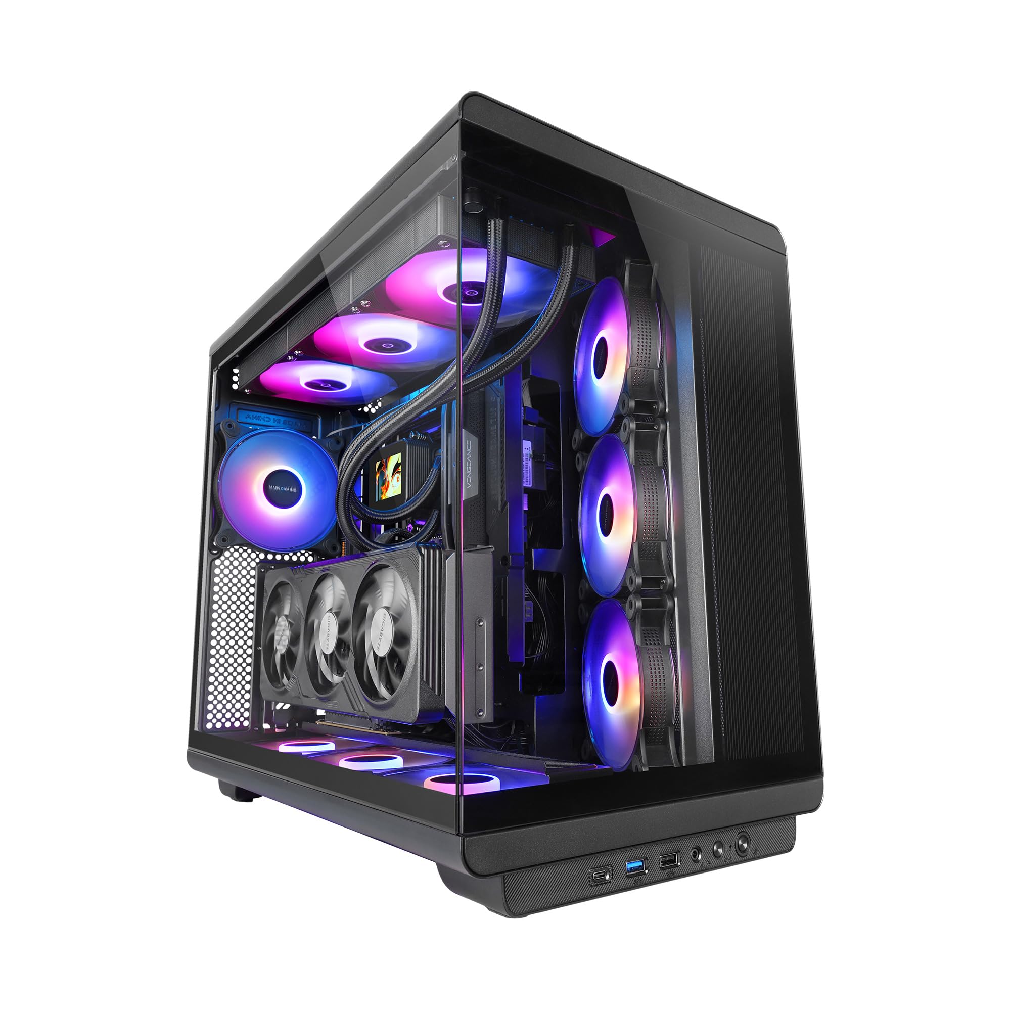 Mars Gaming MC-REV, Gaming-Gehäuse ATX, Doppeltes Gehärtetes Glas, 3X Inverse 12cm ARGB-Lüfter, Vertikaler GPU-Einbau, PC-Tower mit Unterstützung für Flüssigkeitskühlung bis zu 360mm, Schwarz