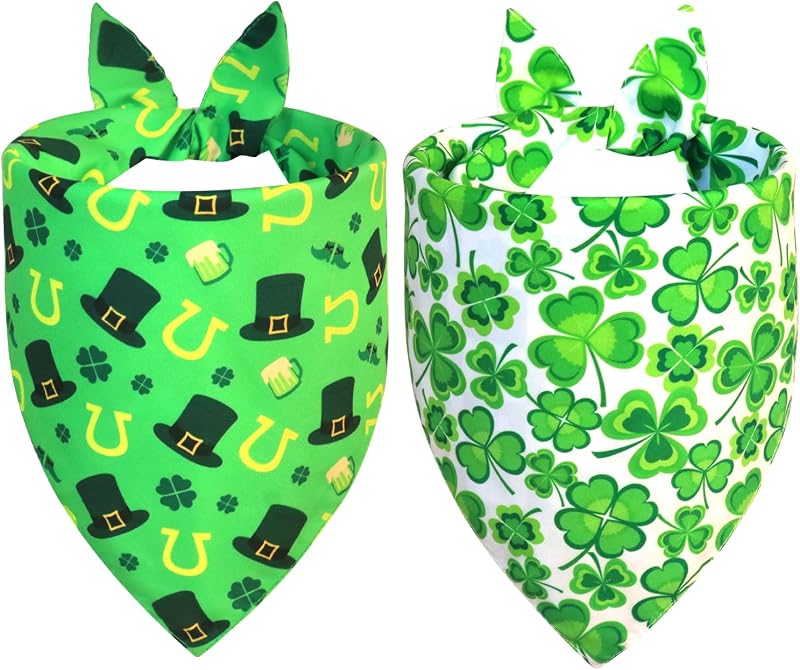 Bandanas para Cães Grandes e Extragrandes WoffBow, Reversíveis com Estampas de São Patrício, Verde e Branco, Pacote com 2