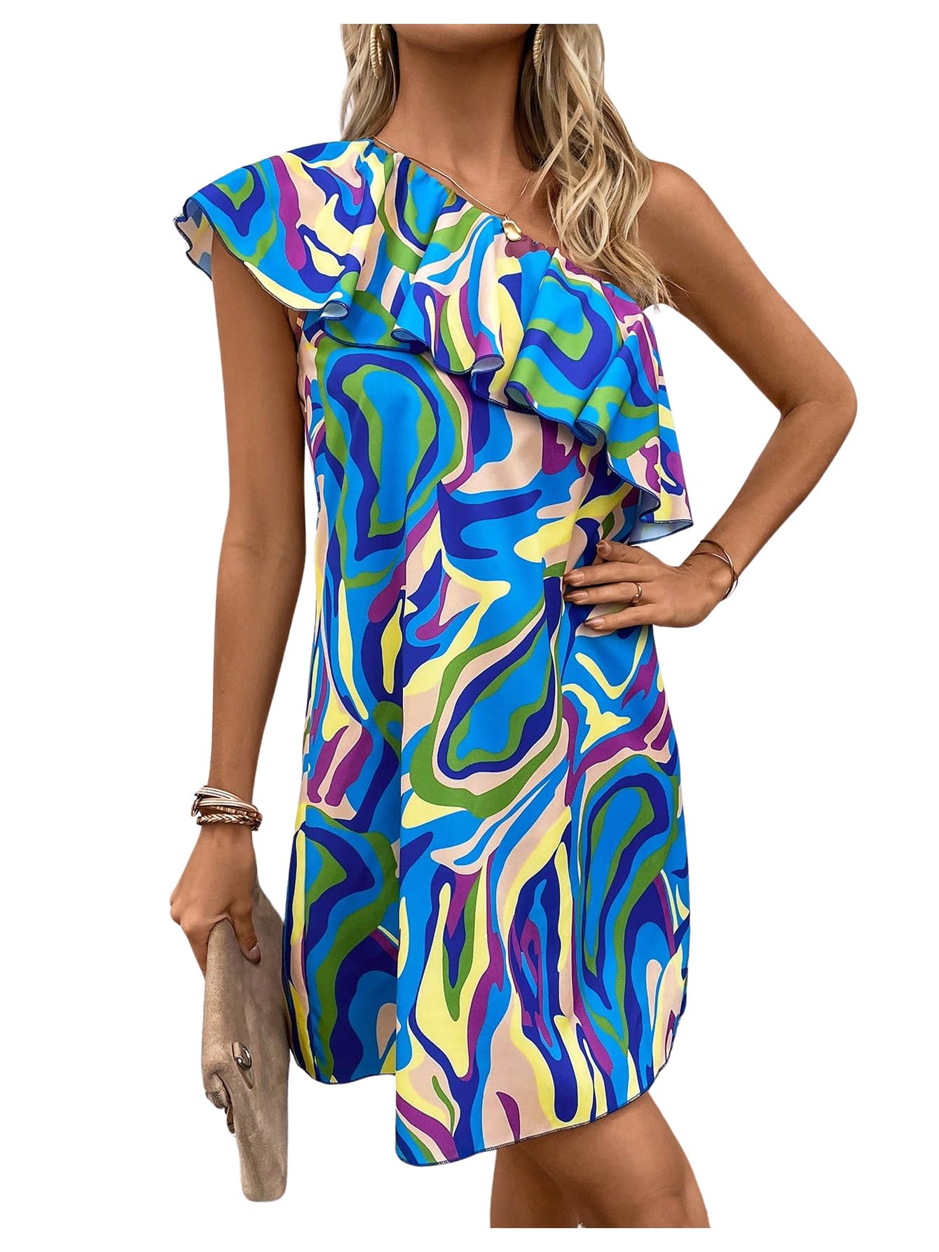 Floerns Women's One Shoulder Tiered Layered Sleeveless Ruffle Trim Tunic Dress