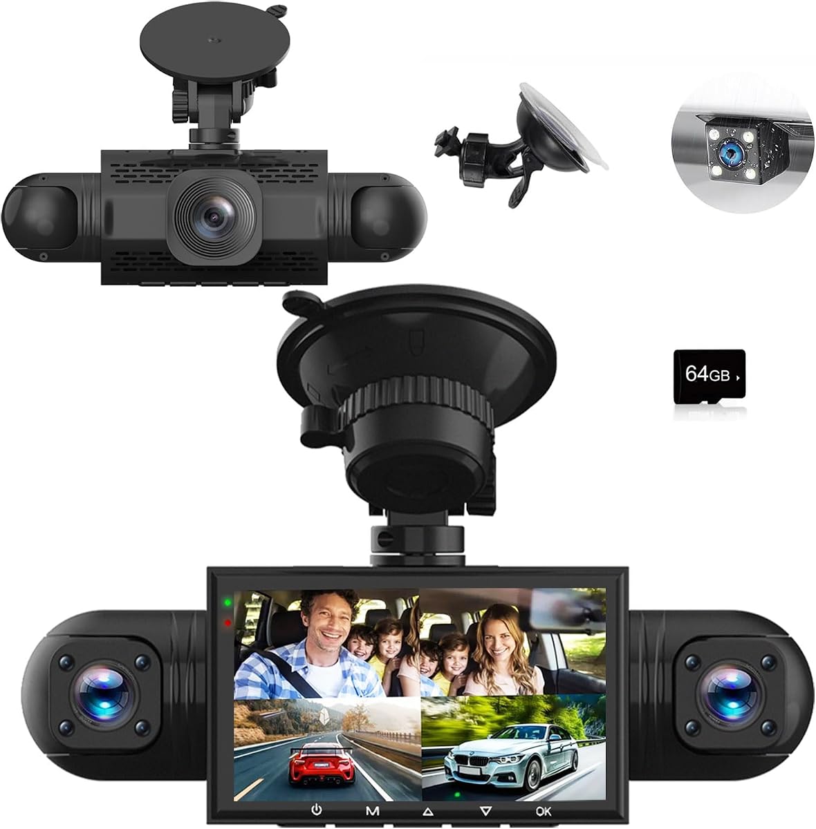 Vista de 360 ​​grados Cámara de tablero de 4 canales Delantera y trasera Interior Izquierda Derecha | 1080P Full HD, gran angular de 170 grados, tarjeta de 64 GB, sensor G, grabación en bucle, visión nocturna