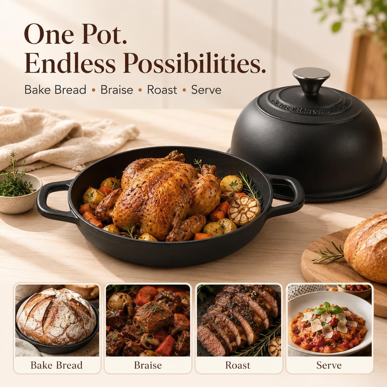 5QT Matte Black Enameled Cast Iron Dutch Oven for Bread Baking